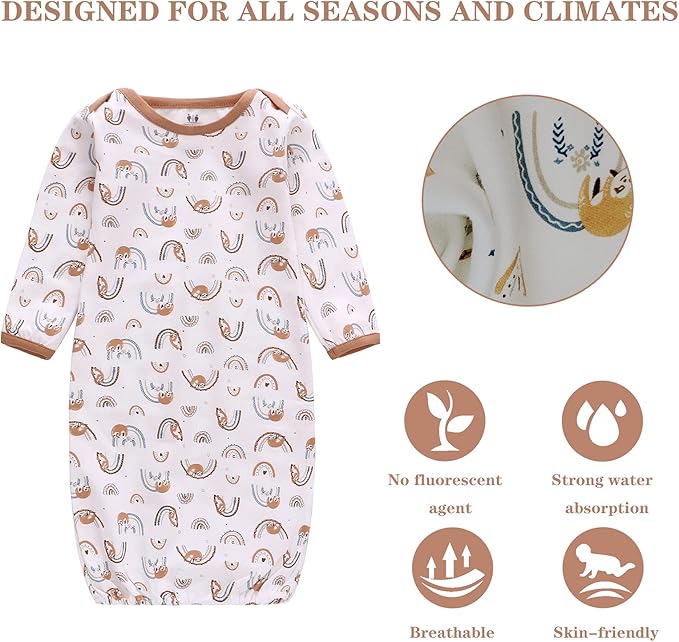 Baby Newborn Gown, 3 Packs Baby Sleeping Bag, Long Sleeve Sleep Sack, Cotton Cloths for Newborn Boys Girls 0-12 Months