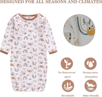 Baby Newborn Gown, 3 Packs Baby Sleeping Bag, Long Sleeve Sleep Sack, Cotton Cloths for Newborn Boys Girls 0-12 Months