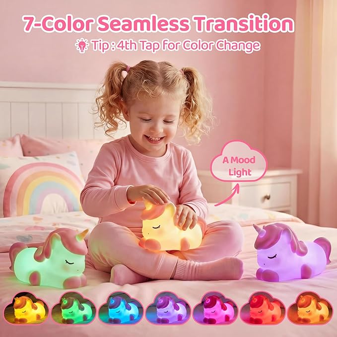 Mewaii Cloud Unicorn Night Light for Kids-Wireless Charging Cloud Base, 3-Level Dimmable 7-Color Changing & 30-Min Timer, Portable Girls Night Lamp, Cute Unicorn Gifts for Girls Baby Nursery Decor