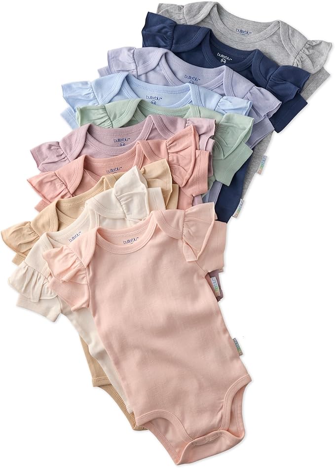 Rory 10-Pack Short Sleeve Ruffle Shoulder Bodysuits 100% Organic Cotton for Baby Girls