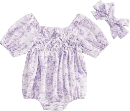 Infant Baby Girls Romper Floral Ruffle Sleeve Pleated Smocked Bubble One Piece Ruched Jumpsuit Summer Bodysuit