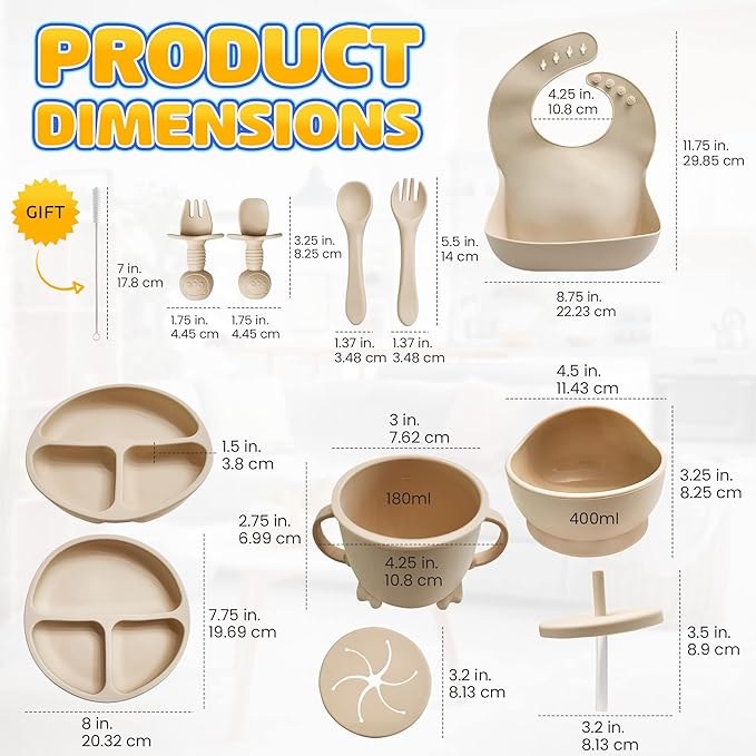Baby Led Weaning Supplies | 10 Piece Silicone Baby Feeding Set | Baby Toddler Bib Cup Divided Plate and Bowl Self Feeding Spoons Dish Set | Baby Utensils | Toddler Feeding Supplies (Cream)