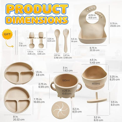 Baby Led Weaning Supplies | 10 Piece Silicone Baby Feeding Set | Baby Toddler Bib Cup Divided Plate and Bowl Self Feeding Spoons Dish Set | Baby Utensils | Toddler Feeding Supplies (Cream)