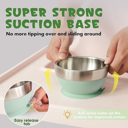 MR. CHOU Baby Suction Bowl Set with Spoon & Fork, Insulated Double-Layer 18/8 Stainless Steel Toddler Bowls with Silicone Suction Cup & BPA Free Airtight Lids, Green
