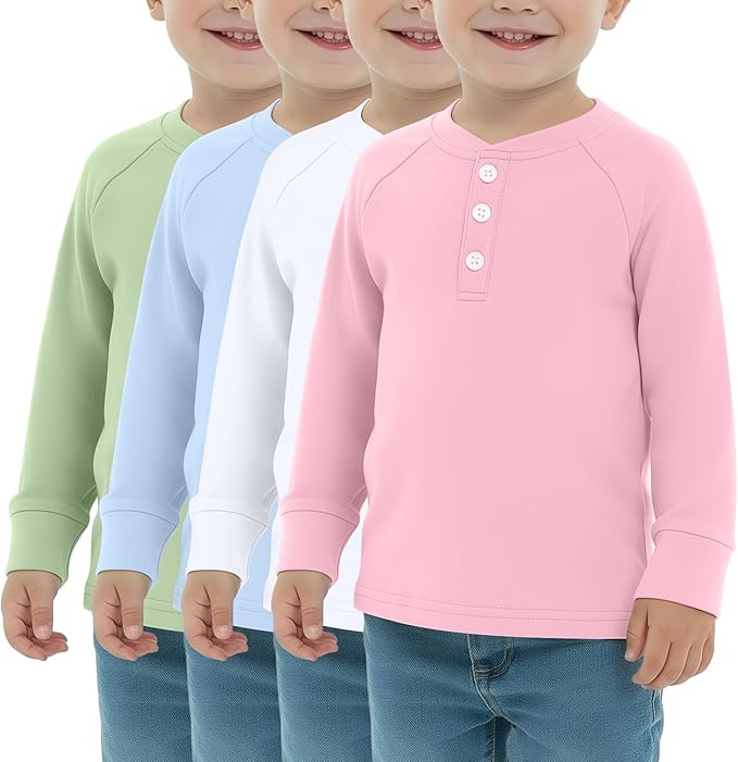 4 Pack Boys' Long Sleeve Shirts Girls' Henley Tees Toddler Baby Knit Casual Tops Kids Fall Clothes Unisex