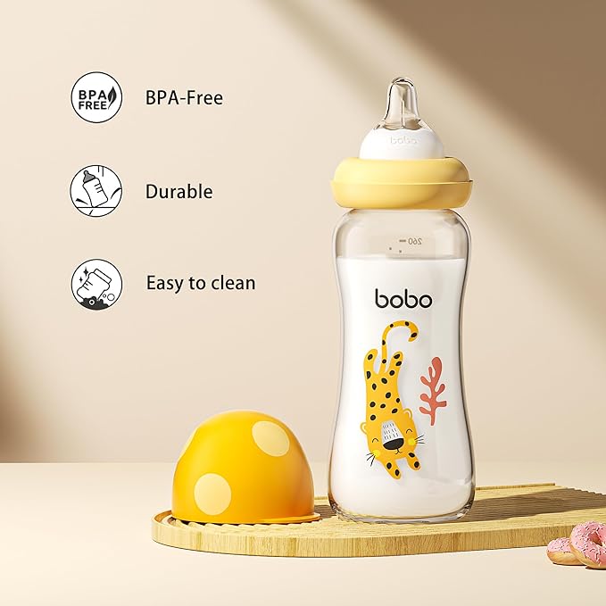 YOHKOH Natural Glass Baby Bottle with Level 2 Medium Flow Nipple, Newborn Anti-Colic Baby Bottles, Wide Neck Mushroom Baby Glass Bottle (8.8ounce (Pack of 2), Yellow2)