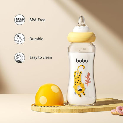 YOHKOH Natural Glass Baby Bottle with Level 2 Medium Flow Nipple, Newborn Anti-Colic Baby Bottles, Wide Neck Mushroom Baby Glass Bottle (8.8ounce (Pack of 2), Yellow2)