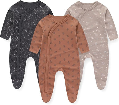 Unisex Baby Boy Girl Footies Rompers Cotton Long Sleeve 3 Pack Infant Jumpsuits 0-12Months Babies' Outfits