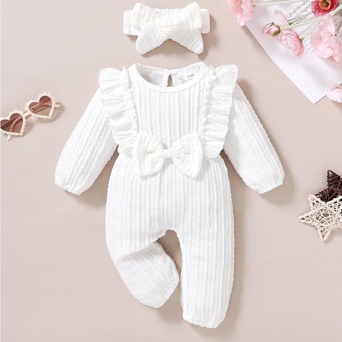 Happy Town Baby Girl Romper Infant Fall Winter Clothes Ruffle Sweater Long Sleeve Bodysuit Jumpsuit and Headband