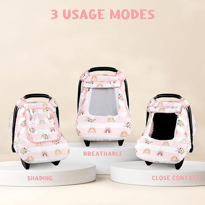 Pea Pod Car Seat Cover Baby, Infant Car Seat Canopy Covers for Newborn with 2 Layers Windows of Breathable Mesh Fabric, Lightweight Polyester/Soft Minky Dot Backing (Floral & Rainbow)