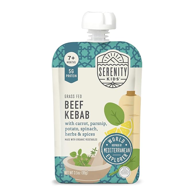Serenity Kids 7+ Months World Explorers Beef Kebab Baby Food Pouches - 3.5 oz, Pack of 6-5g Protein Baby Food with Meat - Snack with Grass-Fed Beef & Veggies - Convenient On-The-Go Toddler Snacks