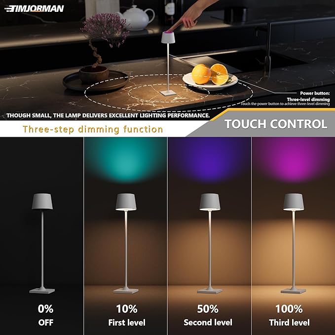 Compact Cordless Table Lamp, Rechargeable LED Night Light, Dual Light Source (RGB Top & Warm Bottom), Touch Control & Timer, Metal Lamp for Bedroom & Kids Room (White 1PACK)