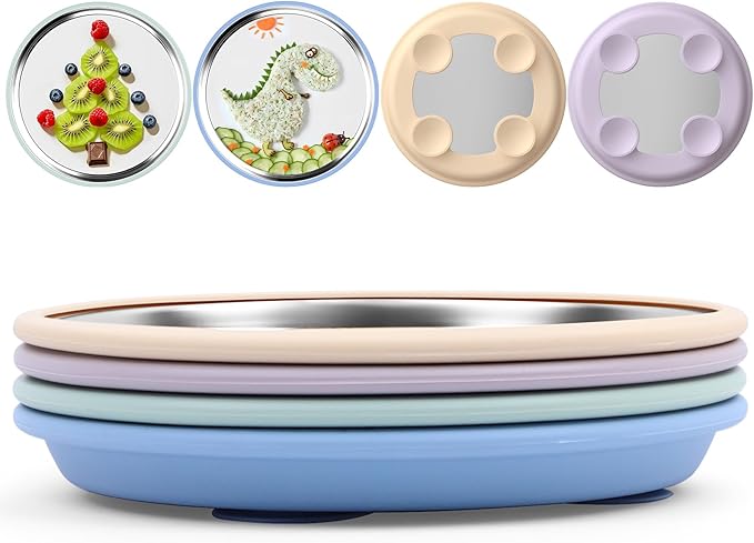 8" Stainless Steel Baby Suction Plate, Toddler Plates with Removable Silicone Sleeves, Non Toxic Unbreakable Led Weaning Supplies Kids Snack Dishes Set of 4, Sage Blue Beige Lilac