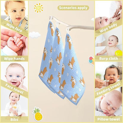 vvfelixl Baby Muslin Washcloths Corgi Paws Baby Burp Cloths Cotton Baby Face Towel for Newborn Infants Boys Girls Soft and Absorbent 11.8 X 11.8 in, 3 Pack