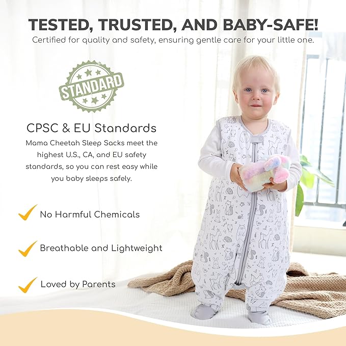 Mama Cheetah Toddler Sleep Sack with Feet 4T - 5T, 2.5 TOG Organic Cotton Baby Sleeping Bag with Legs, Baby Wearable Blankets for Walkers w/ 2-Way Zipper, Baby Sleep Sack for Girls & Boys, XL