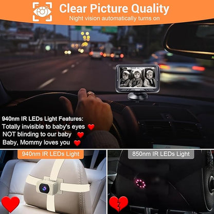Rohent Car Baby Monitor with Camera - 1080P HD, 360° Adjustable, Night Vision, 150° Wide-Angle Lens, Easy Installation, Perfect Match for Beige Car Interiors, Ideal for Parents & Families
