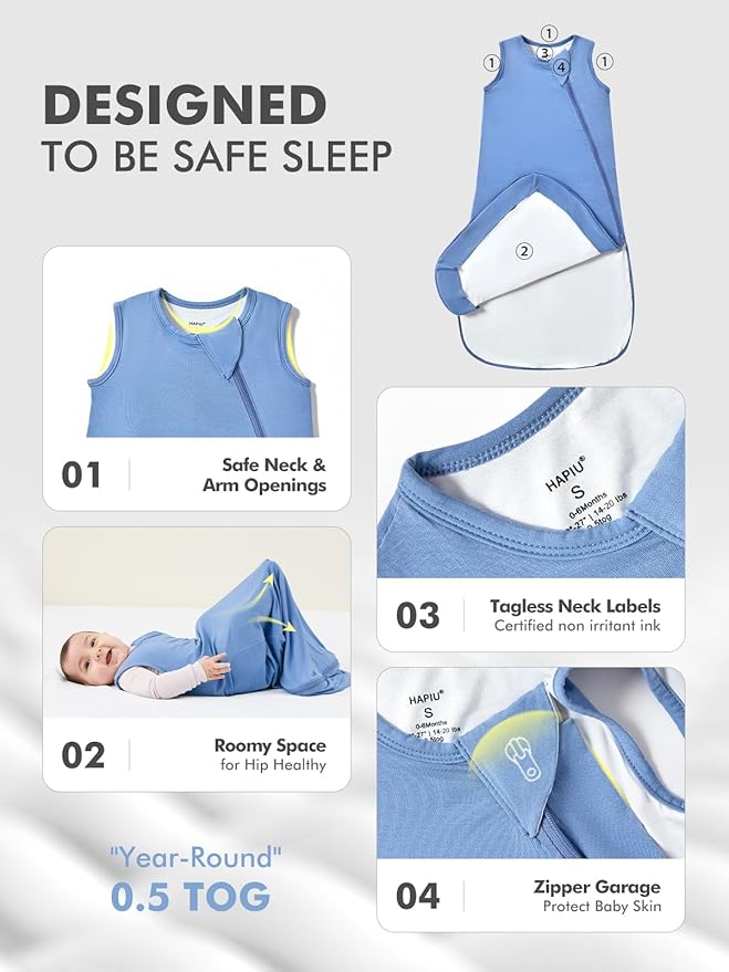 HAPIU Unisex Rayon Made from Bamboo Baby Sleep Sack TOG 0.5, 2-Way Zipper YKK, Wearable Blanket Toddler