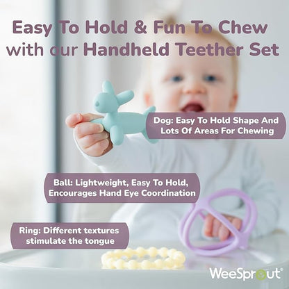 WeeSprout Silicone Baby Teether Toys for Infant Babies and Toddlers, Cute Ring, Puppy Dog, and Ball, Soft and Flexible, BPA Free, Boys and Girls (Matte Green, Pink & Off White)