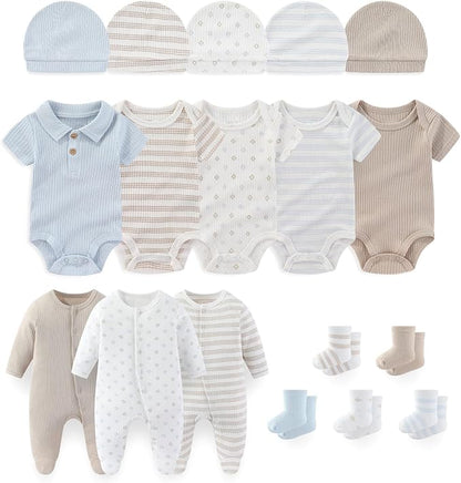 Baby Boy Girl Layette Set 18 Piece Infant Essentials Must Haves Clothes 0-9 Month Rompers+Bodysuits+Hats+Socks