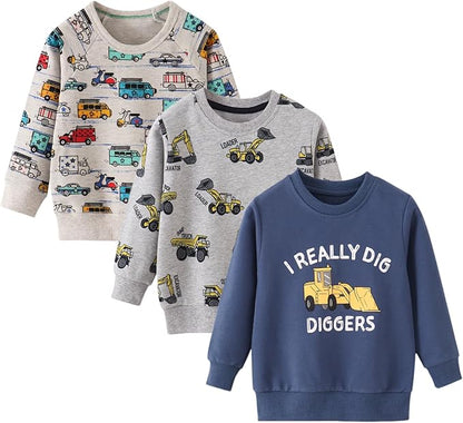 BeiVSlley Toddler Boys 3 Pack Cotton Pullover Crewneck Sweatshirt Long Sleeve Cartoon Shirt Sweaters Tops