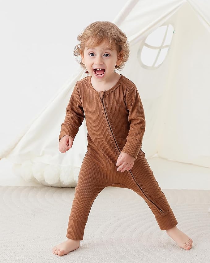 Bafeicao 3 Pack Baby Boy Girl Rompers with Mitten Cuffs, Ribbed Cotton 2 Way Zipper Romper One Piece Jumpsuits Clothes