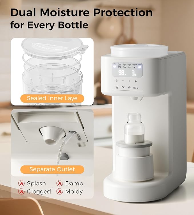 Advanced Formula Dispenser–Auto Mix & Clean, Fast Formula Maker with Accurate Dispensing, Instant Water Warmer, 4 Temps, Fits Most Bottles & Formulas, Moisture-Proof, Dishwasher-Safe Parts(White)