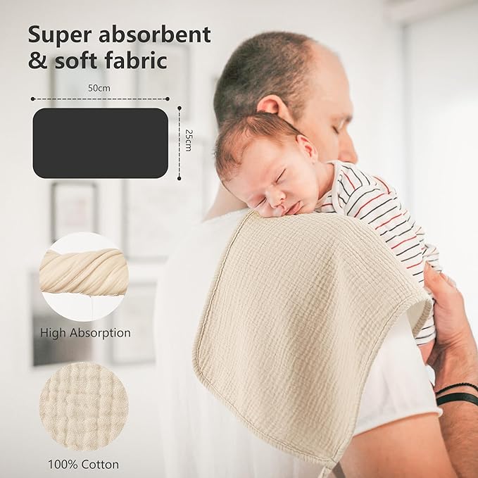 Bearmoss Muslin Burp Cloths, 100% Cotton Baby Burping Clothes, Large Extra Soft Absorbent for Unisex Newborn Boy and Girl, 20x10in, 6 Pack