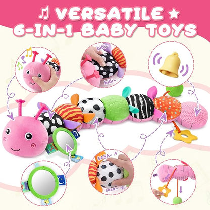 Baby Toys 0-6-12 Months,Musical Caterpillar Stuffed Animals Activity Infant Toys with Crinkle,Rattles,Mirror&Pull String,Muti-Sensory Toys Gifts for Newborn Tummy Time,Candy Pink|Leafy