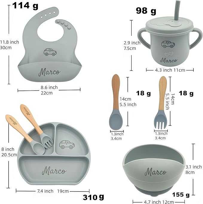 Personalized Name Food Grade 6pcs Baby Feeding Set with Spoon, Fork,Silicone Suction Bowls,Cup,Plate,and bib BPA Free - First Stage Self Feed (Color Gray Y18)