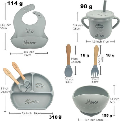 Personalized Name Food Grade 6pcs Baby Feeding Set with Spoon, Fork,Silicone Suction Bowls,Cup,Plate,and bib BPA Free - First Stage Self Feed (Color Gray Y18)