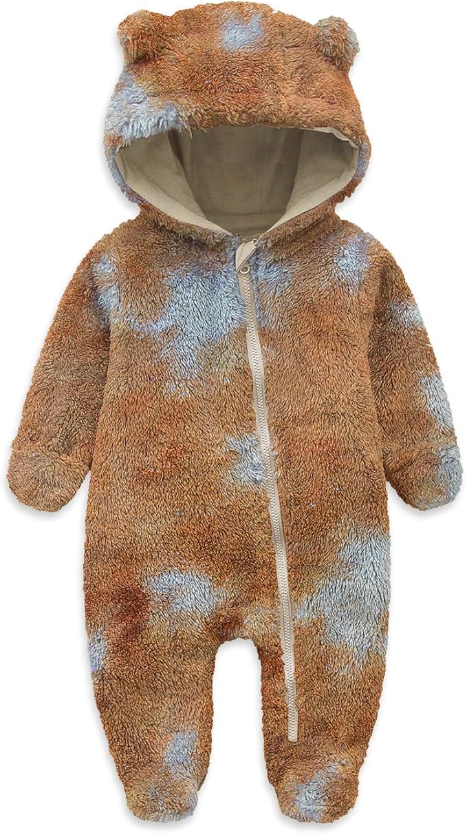 Jimonda Baby Tie Dye Snowsuit Winter Fleece Jumpsuit 0-18 Months, 100% Polyester Hooded Romper with Bear Ears for Infant