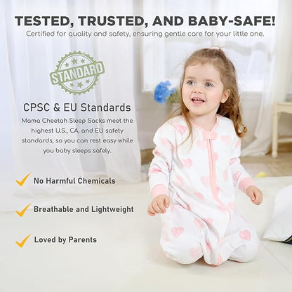 Mama Cheetah Toddler Sleep Sack with Feet, Long Sleeve 0.5 TOG Organic Cotton Baby Sleeping Bag with Legs, Wearable Blanket for Walkers w/ 2-Way Zipper, Toddler Blanket for Girls & Boys 2T