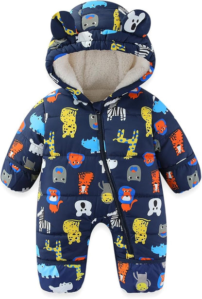 JiAmy Baby Snowsuit Baby Printed Winter Clothes With Flod-Over Girl Boy Hooded Outfits Jumpsuit Coat