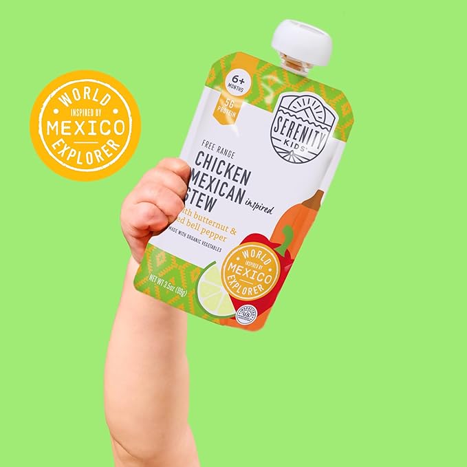 Serenity Kids 6+ Months Mexican Chicken Baby Food Pouch - 3.5 oz, Pack of 6 - Protein-Packed Flavored Meat Pouch - Savory Chicken Mexican Stew Flavor - BPA-Free Organic Baby Food