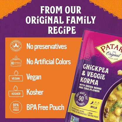 Patak’s Chickpea & Veggie Korma - Mild Creamy Coconut Based Indian Curry with Chickpeas, Green Beans & Veggies - Vegan Microwave Meal for Quick Dinners - Serve with Rice or Naan - 10.5oz (Pack of 6)