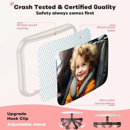 Baby Car Mirror for Baby Car Seat Safely Mirror Hook Clip Design for Rear Facing Infant Newborn 360° Rotation Baby Backseat Mirror Wide Clear View Shatterproof Easy Install Baby Essentials - White