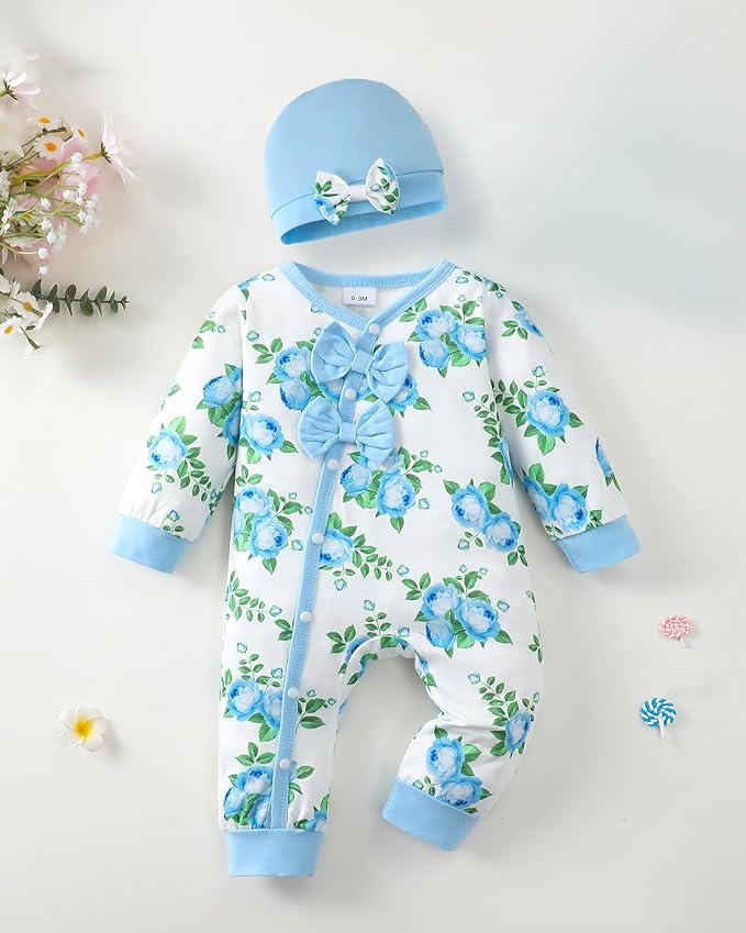 Mioglrie Newborn Baby Girl Clothes Long Sleeve Romper Infant Fall Winter Outfits Floral Hat Jumpsuit Preemie Girl Clothes