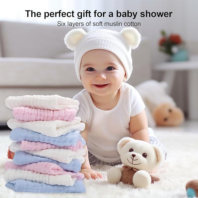 10 Pack Muslin Burp Cloths - 17"x9" 6-Layer 100% Cotton - Ultra Soft & Super Absorbent for Baby Spit Up & Drool - Gentle Burping Cloths for Newborn Boys & Girls, Essential Baby Items