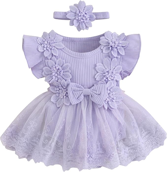 Infant Baby Girl Lace Romper Baby Tulle Dress Romper Flowers Bodysuit Spring Summer Festival Clothes with Headband