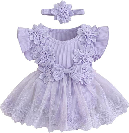 Infant Baby Girl Lace Romper Baby Tulle Dress Romper Flowers Bodysuit Spring Summer Festival Clothes with Headband