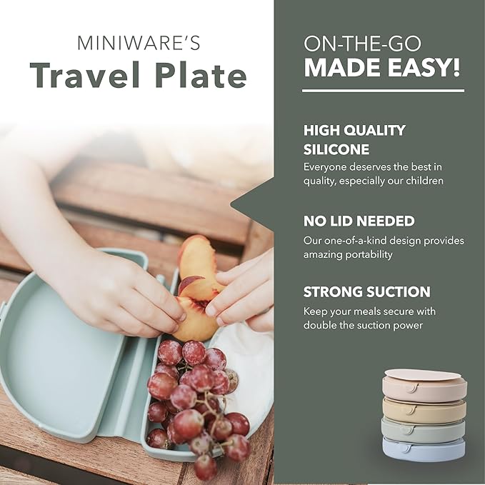 Miniware Baby Travel Plate with Suction - Foldable Silicone Baby Travel Essential to Promote Self-Feeding - Dishwasher Safe, BPA Free, Silicone Baby Plate For On The Go - Eucalyptus Silifold
