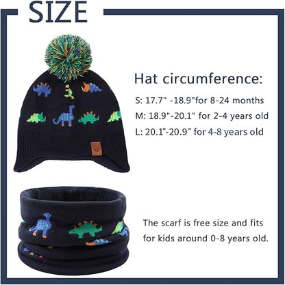 JANGANNSA Knitted Baby Hat Scarf Set Winter Warm Boys Girls Beanie Fleece Lining Toddler Kids Hats with Pompom