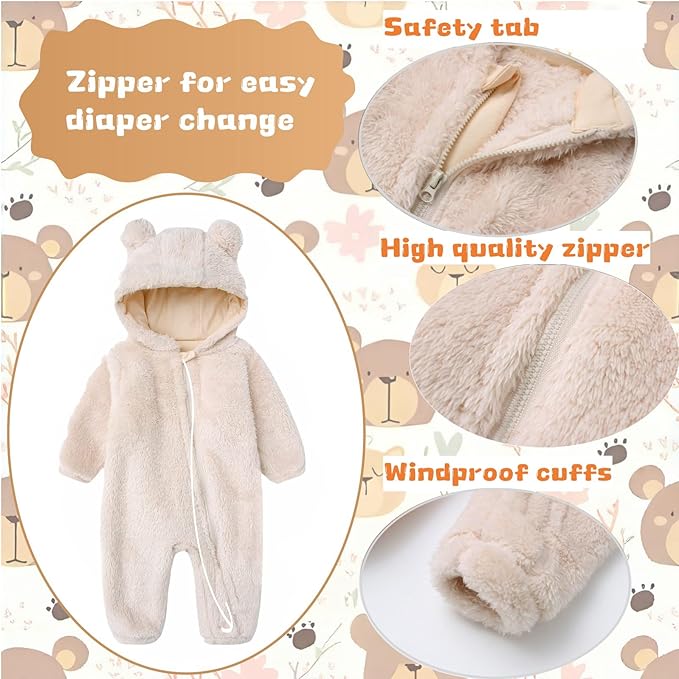 Newborn Baby Romper Fleece Onesie Jumpsuit Toddler Warm Hooded Outwear Outfits for Infant