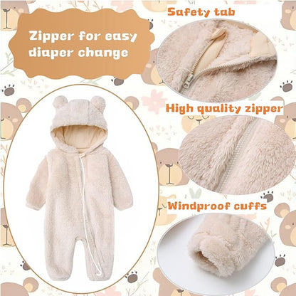 Newborn Baby Romper Fleece Onesie Jumpsuit Toddler Warm Hooded Outwear Outfits for Infant