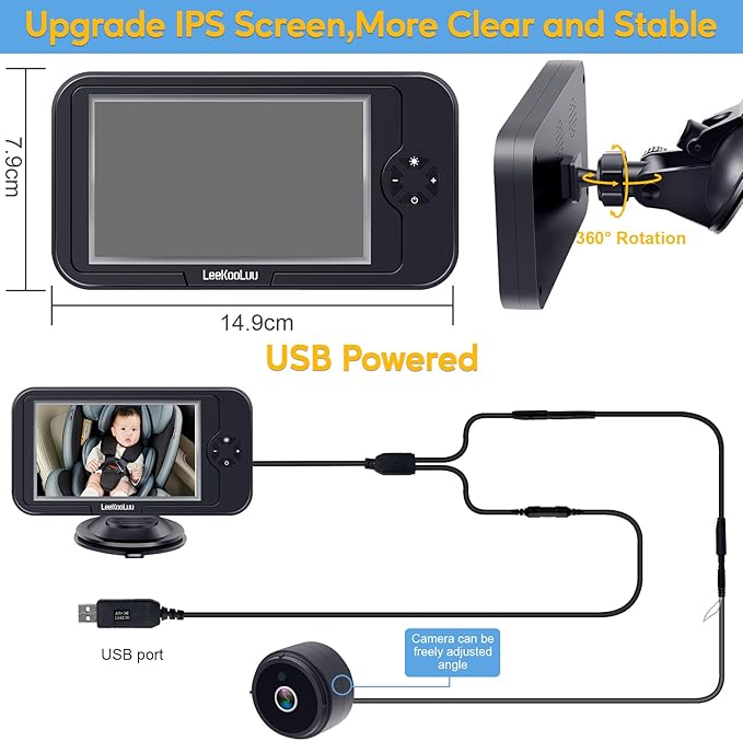Carseat Car Camera for Baby: HD 1080P Display Real-Time Monitoring for Infants 0-4 Years No Delay - Clear Night Vision USB Plug-Play Safe and Durable Easy Setup Peace of Mind While Driving on the Go