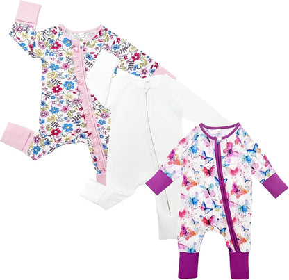 Bow Dream Bamboo Rayon Baby Boy Romper Footed Long Sleeve Footies Newborn Girl Clothes Footless with Zipper and Mitten Cuffs