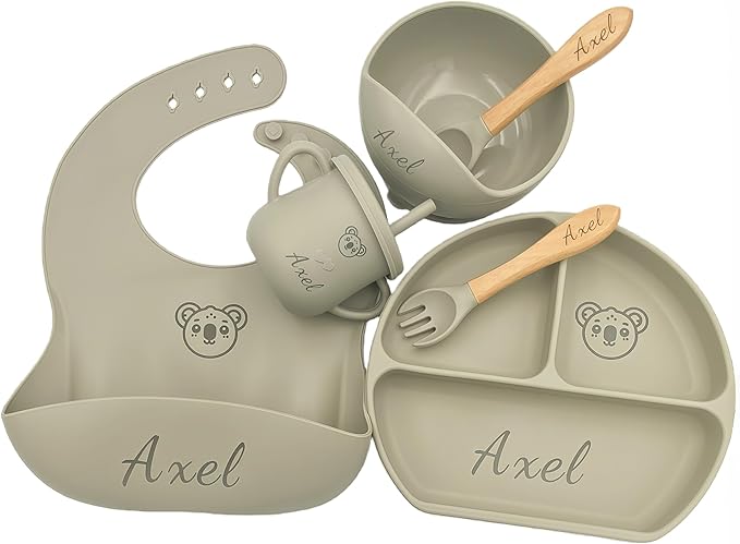 Personalized Name Food Grade 6pcs Baby Feeding Set with Spoon, Fork,Silicone Suction Bowls,Cup,Plate,and bib BPA Free - First Stage Self Feed (Color Grey-Green Y20)