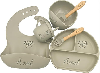 Personalized Name Food Grade 6pcs Baby Feeding Set with Spoon, Fork,Silicone Suction Bowls,Cup,Plate,and bib BPA Free - First Stage Self Feed (Color Grey-Green Y20)