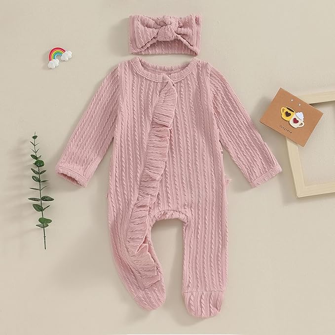 Newborn Baby Girl Fall Winter Outfits Clothes Knit Jumpsuit Ruffle Romper Newborn Coming Home Outfit for Baby Girl