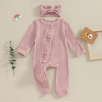Newborn Baby Girl Fall Winter Outfits Clothes Knit Jumpsuit Ruffle Romper Newborn Coming Home Outfit for Baby Girl